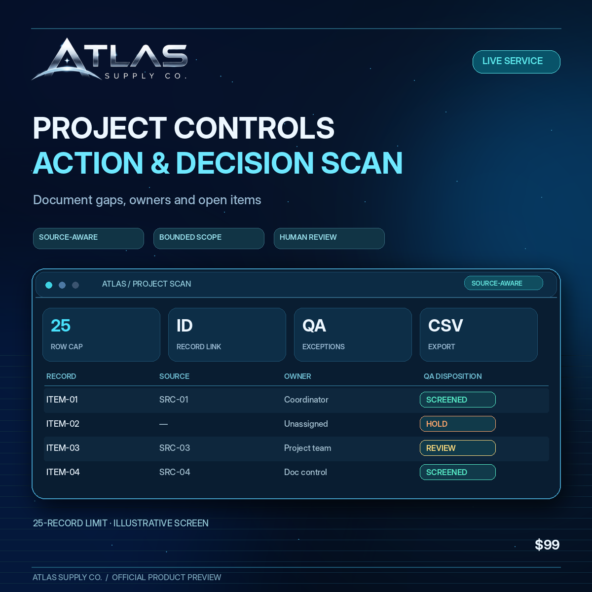 ATLAS 25-record Project Controls Scan product preview using an illustrative register; no actual client data. Official approved logo.