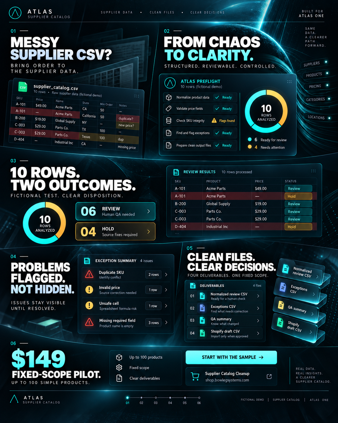 ATLAS Supplier Catalog campaign poster featuring the fictional 10-row supplier CSV case: 6 review, 4 hold and the $149 pilot.